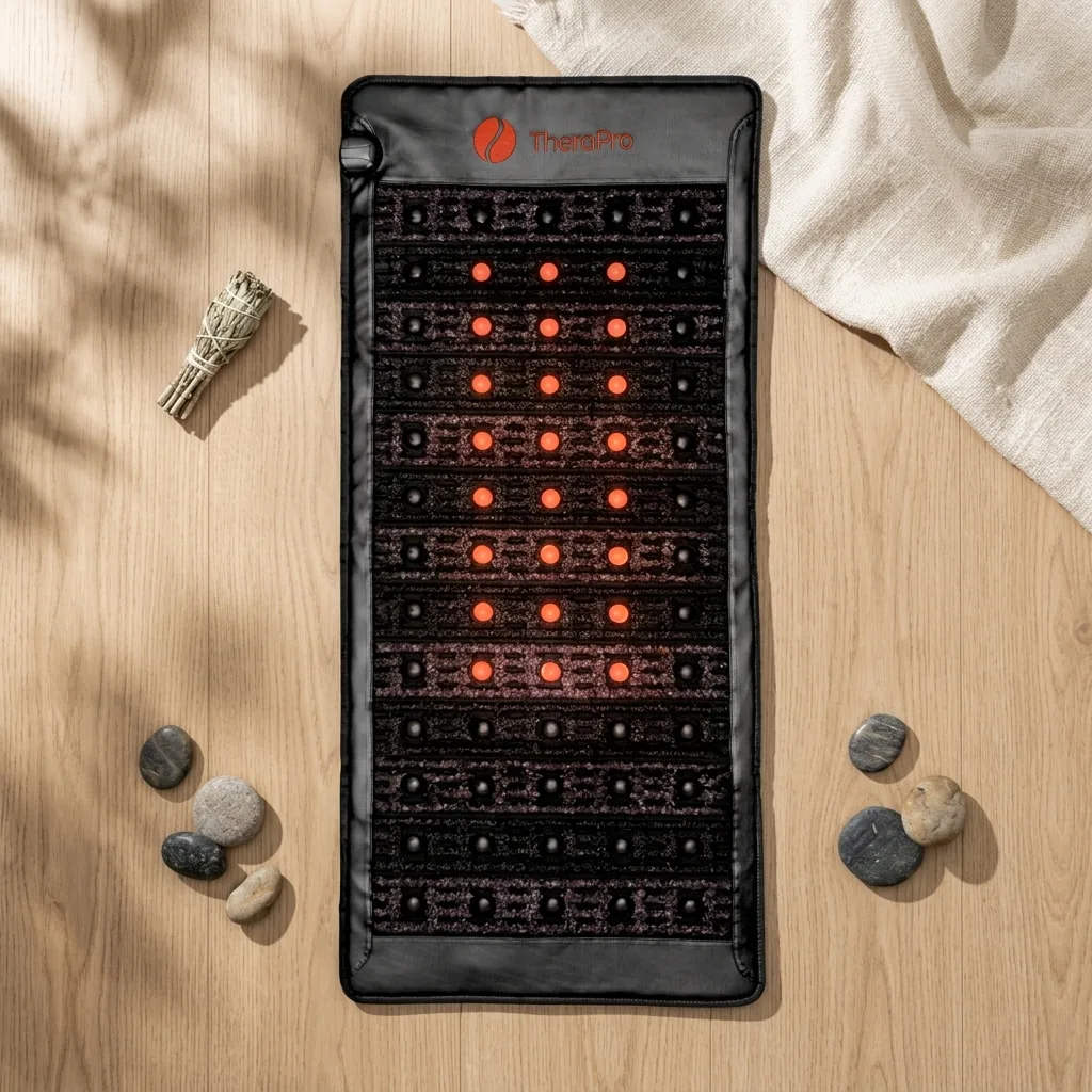 Full-size TheraPro infrared therapy mat with red light panels and gemstones