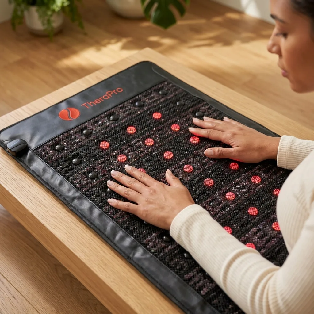 Hands resting on a heated TheraPro infrared mat with red light dots