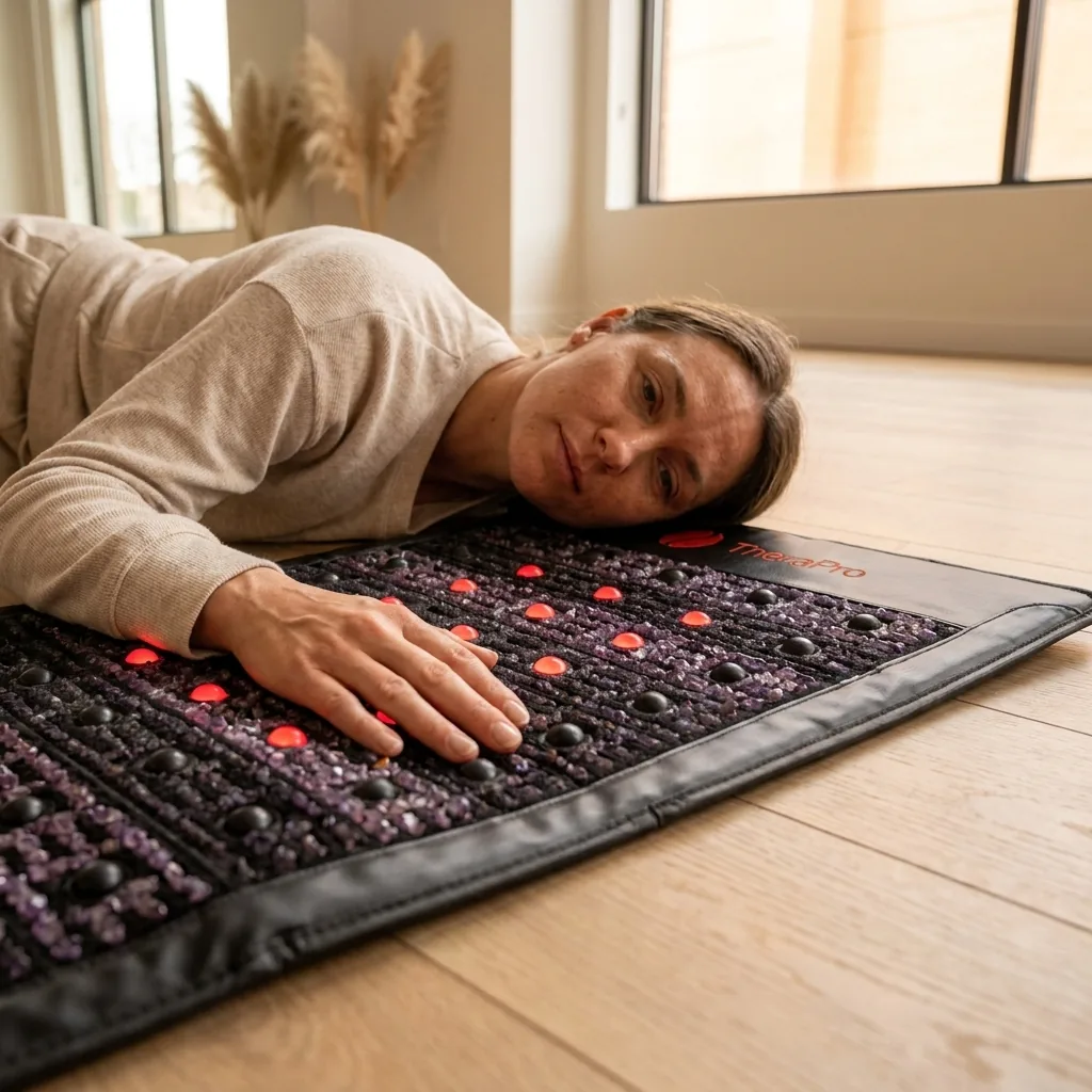 Person resting on an infrared therapy mat on the floor at home