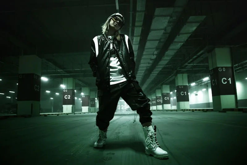Close-up of trendy streetwear apparel details and textures on a person
