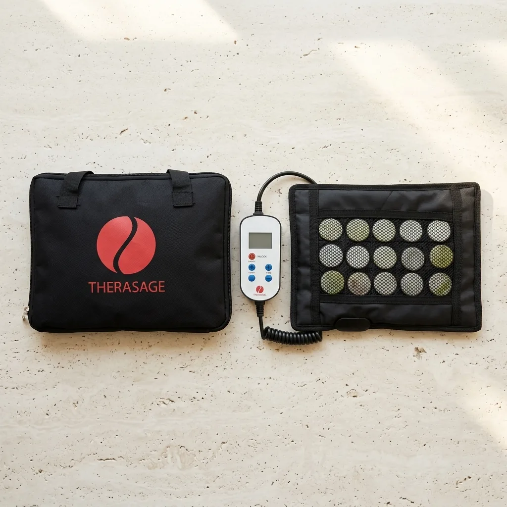 Therasage portable infrared Healing Pad kit with controller and carry bag laid flat