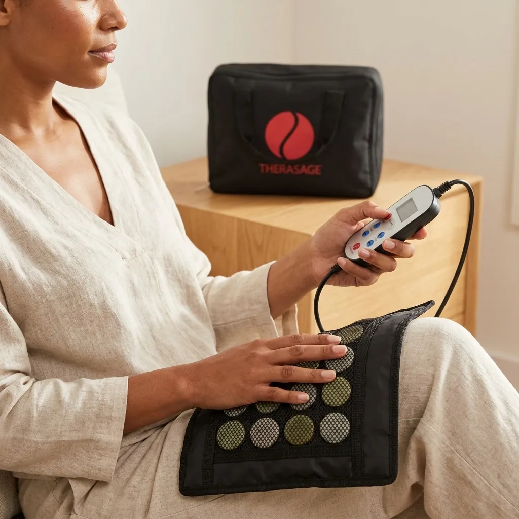 Applying a Therasage portable infrared Healing Pad to the knee during recovery