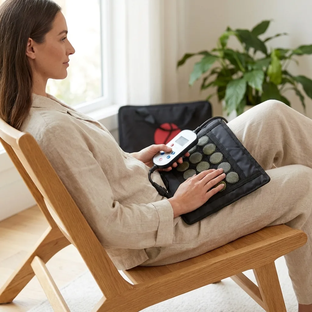 Relaxing in a chair with a Therasage portable infrared pad during cool-down