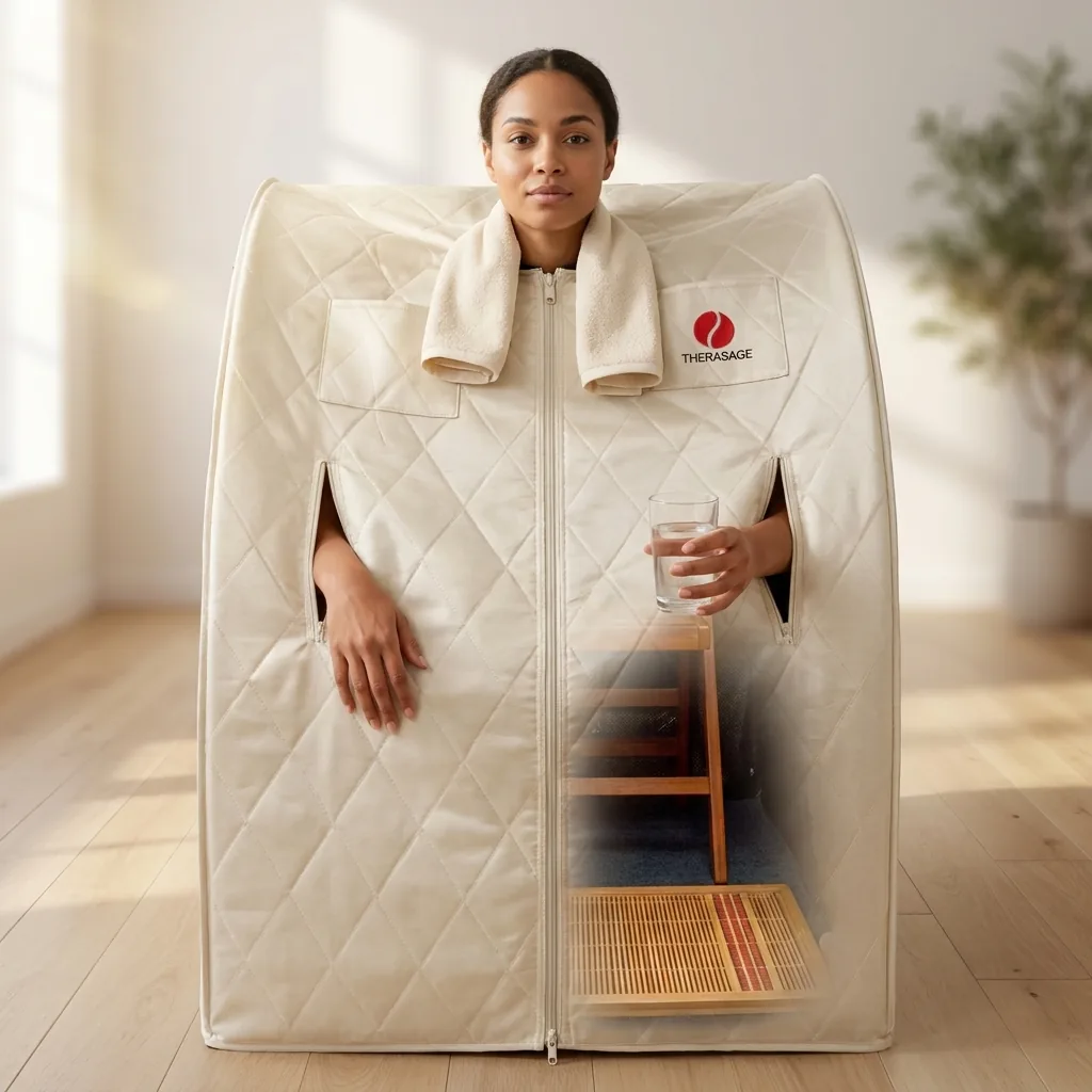Person sitting inside a Therasage portable infrared sauna holding a glass of water