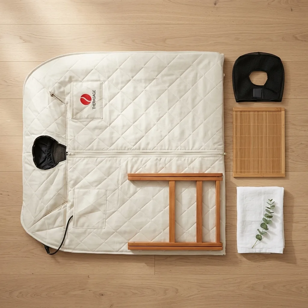 Therasage portable infrared sauna kit laid flat with chair, bamboo foot mat, towel and headrest