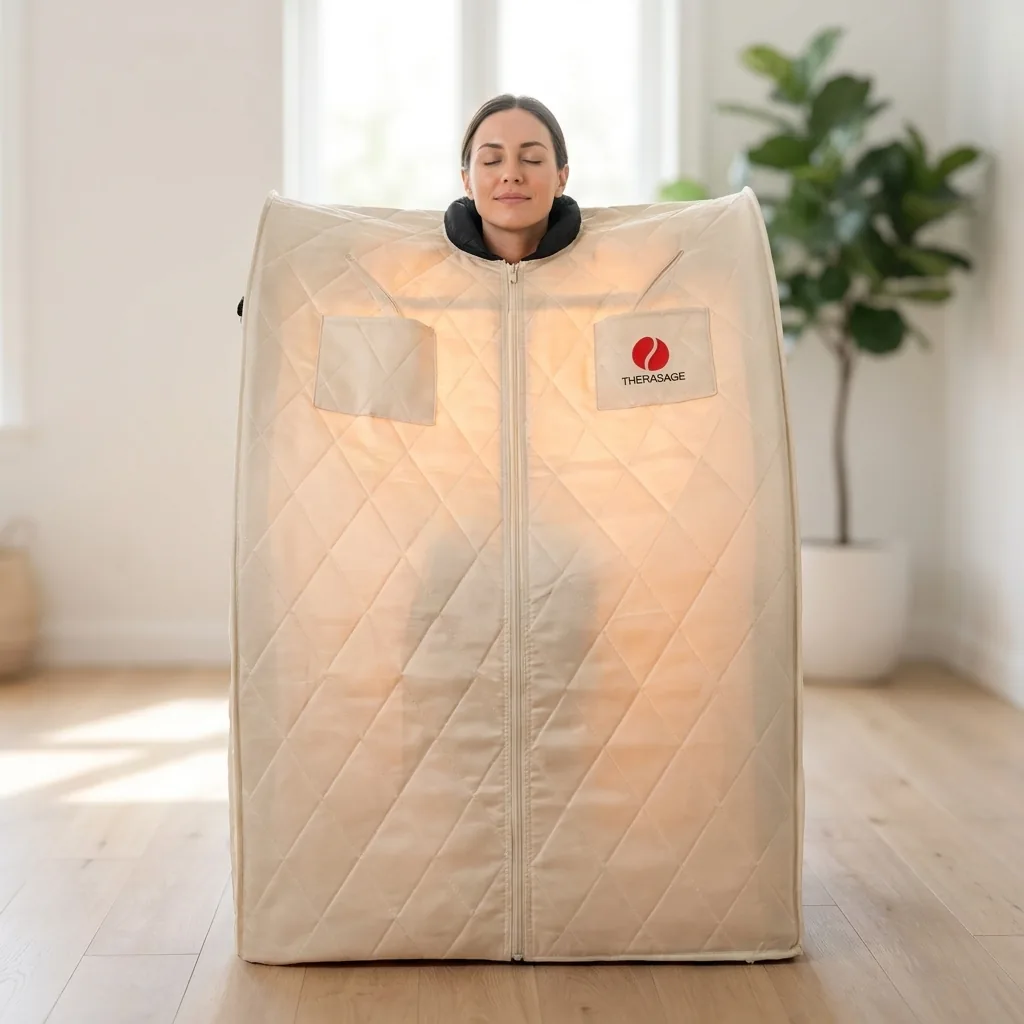 Person relaxing with eyes closed in a glowing infrared sauna
