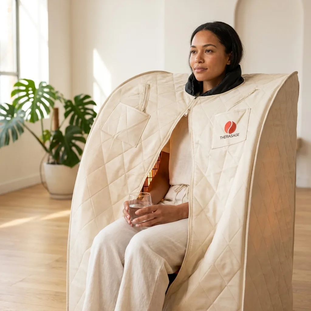 Person relaxing in a seated Therasage portable infrared sauna