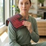 Person holding a Therasage infrared red-light pad against the shoulder