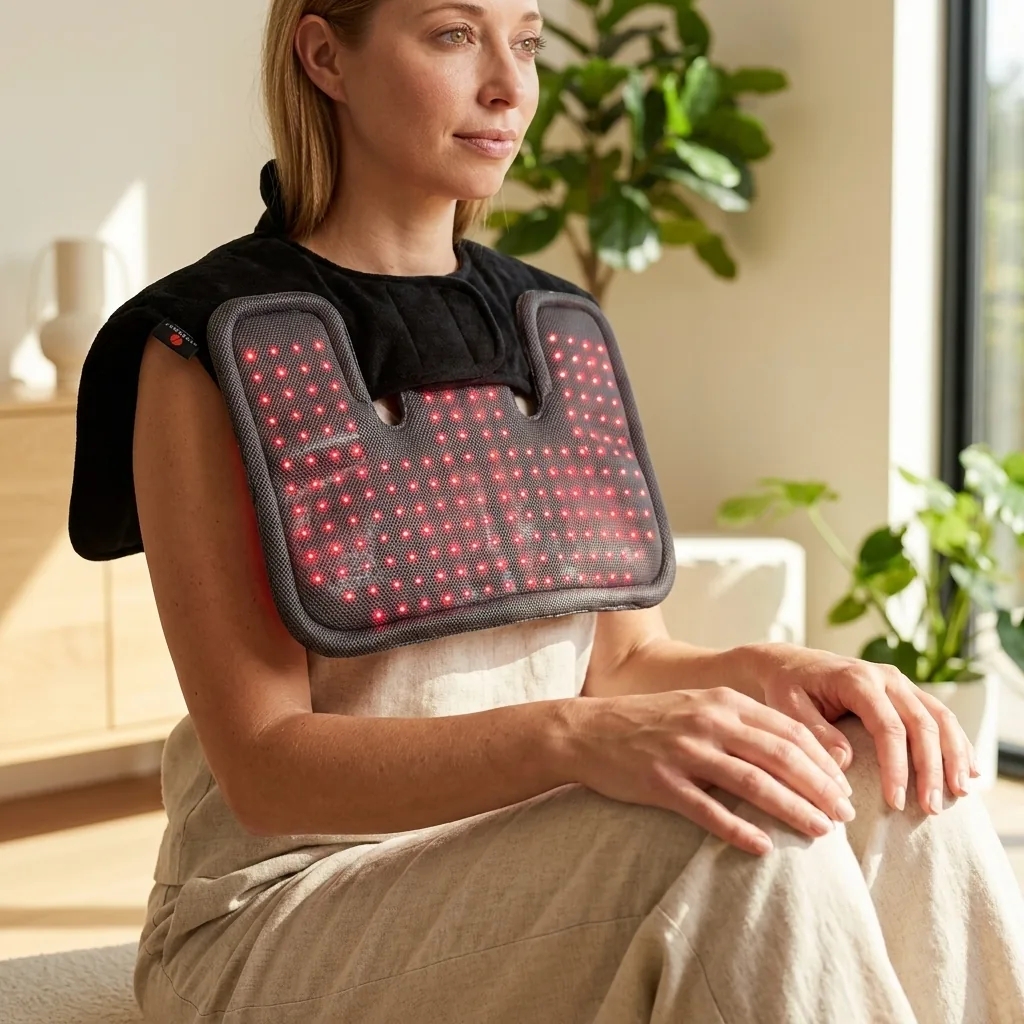 Person using a Therasage infrared pad draped over the shoulders and chest
