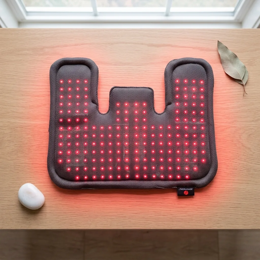 Therasage infrared red-light therapy pad lit up on a wooden table