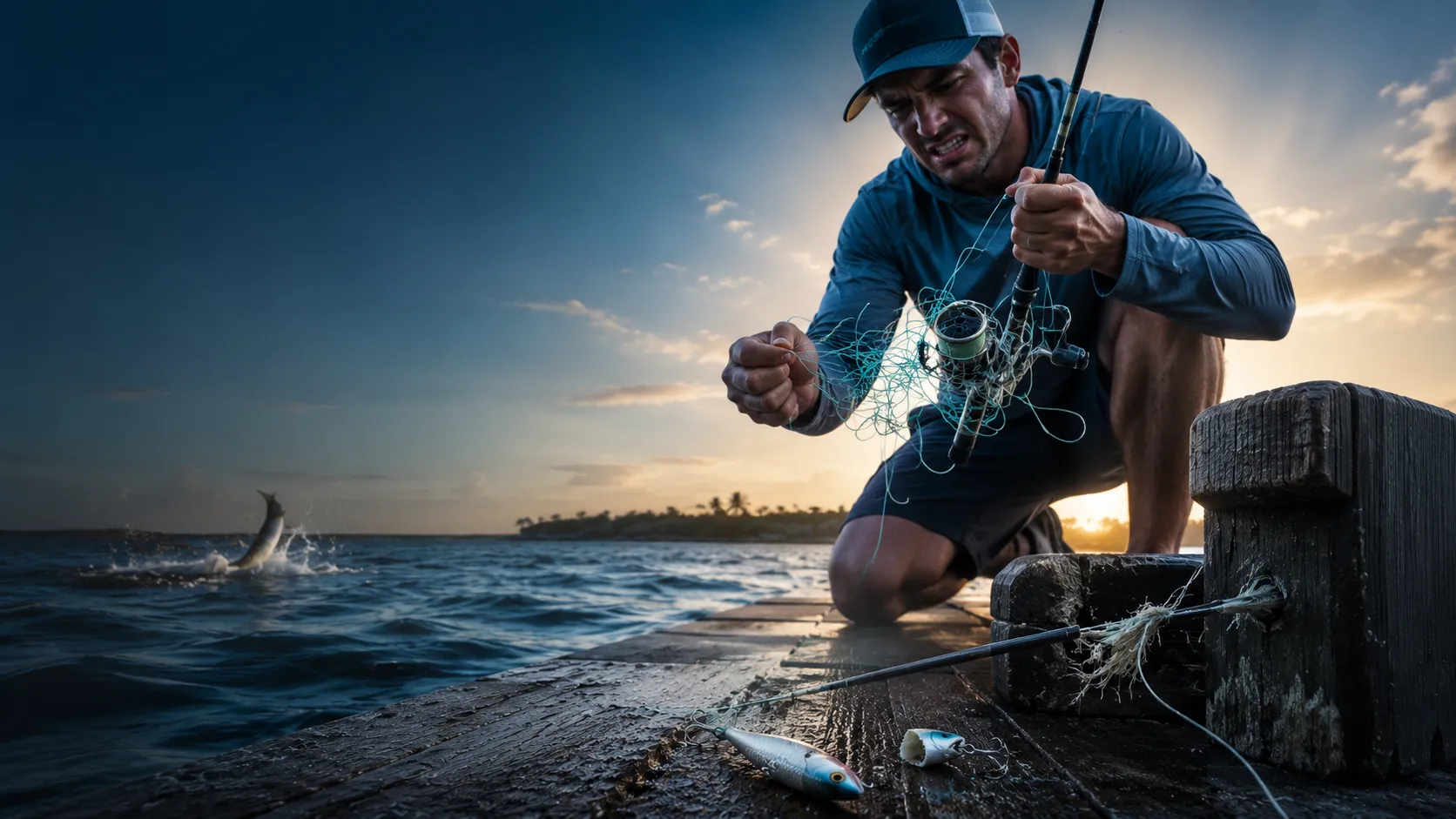 Angler casting braided line at sunset with Beyond Braid spools, fluorocarbon leader and tools on the dock