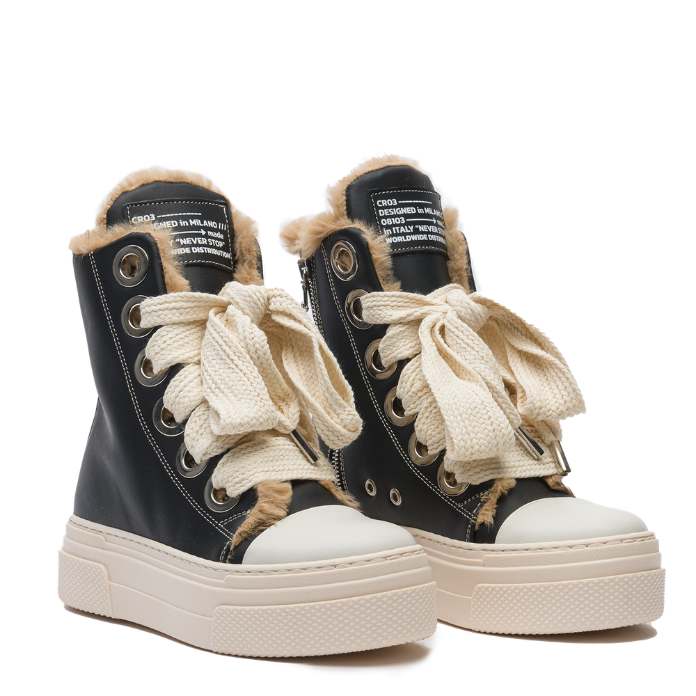 CRISTIANZEROTRE high-top sneaker in black leather with cream oversized laces
