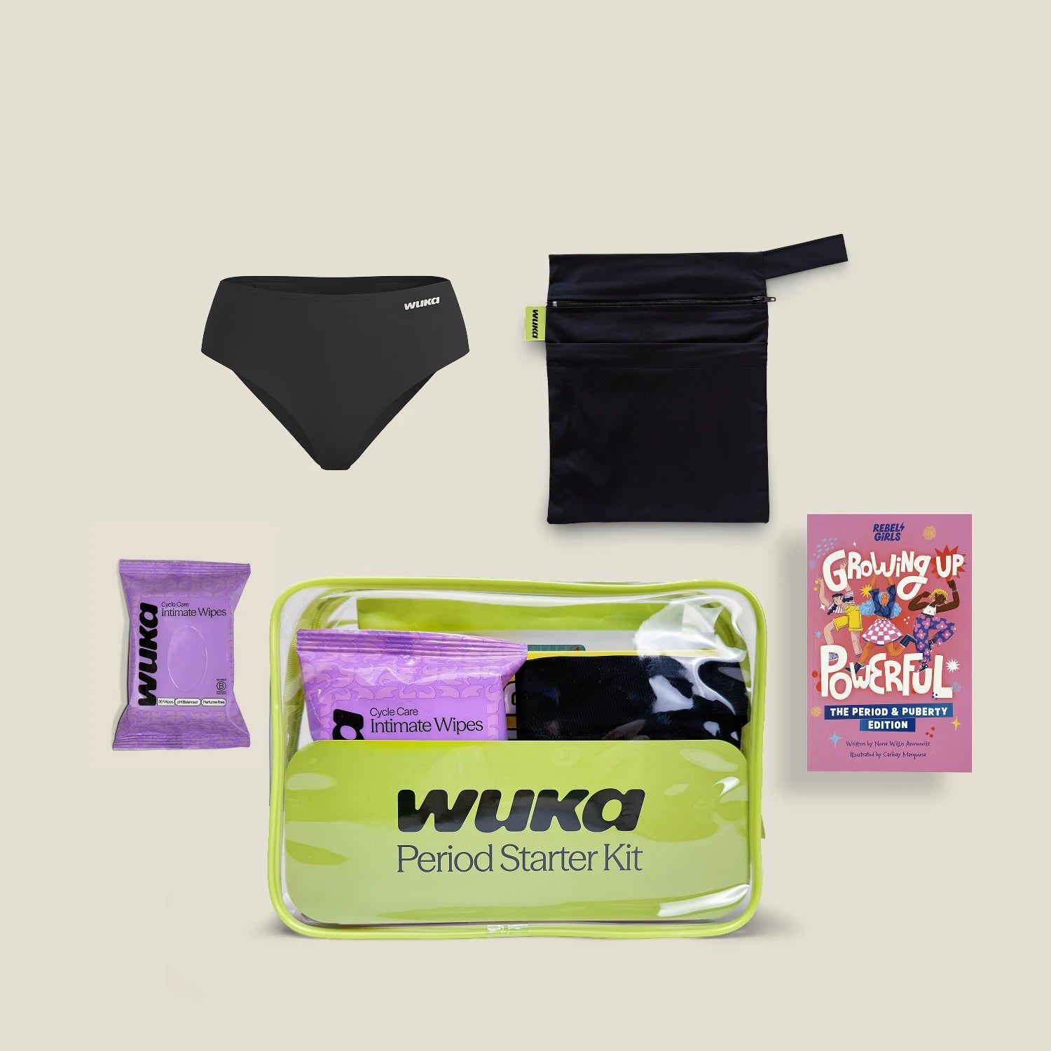 WUKA Teen Period Starter Kit contents: period pants, changing bag, intimate wipes and Growing Up Powerful book