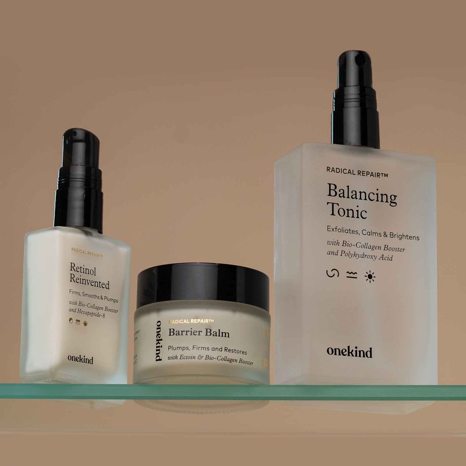 Onekind Radical Repair Barrier Support Regimen with Retinol Reinvented Serum, Barrier Balm and Balancing Tonic