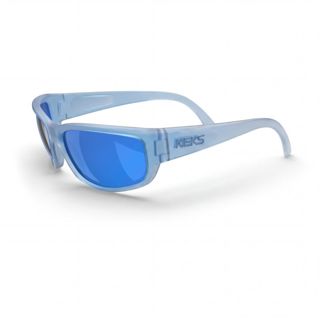 REKS Wrap Around polarized sunglasses in blue with cobalt mirror lenses