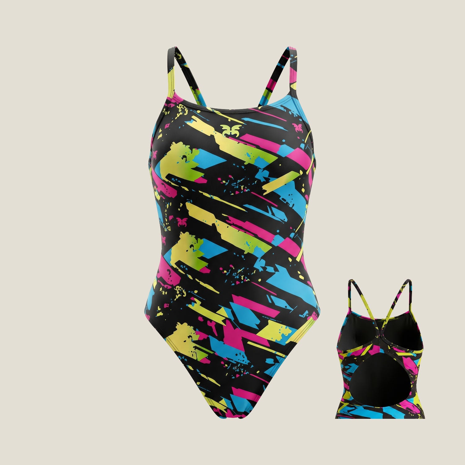 WUKA Lunafly Competition Racerback period swimsuit in neon print, heavy flow