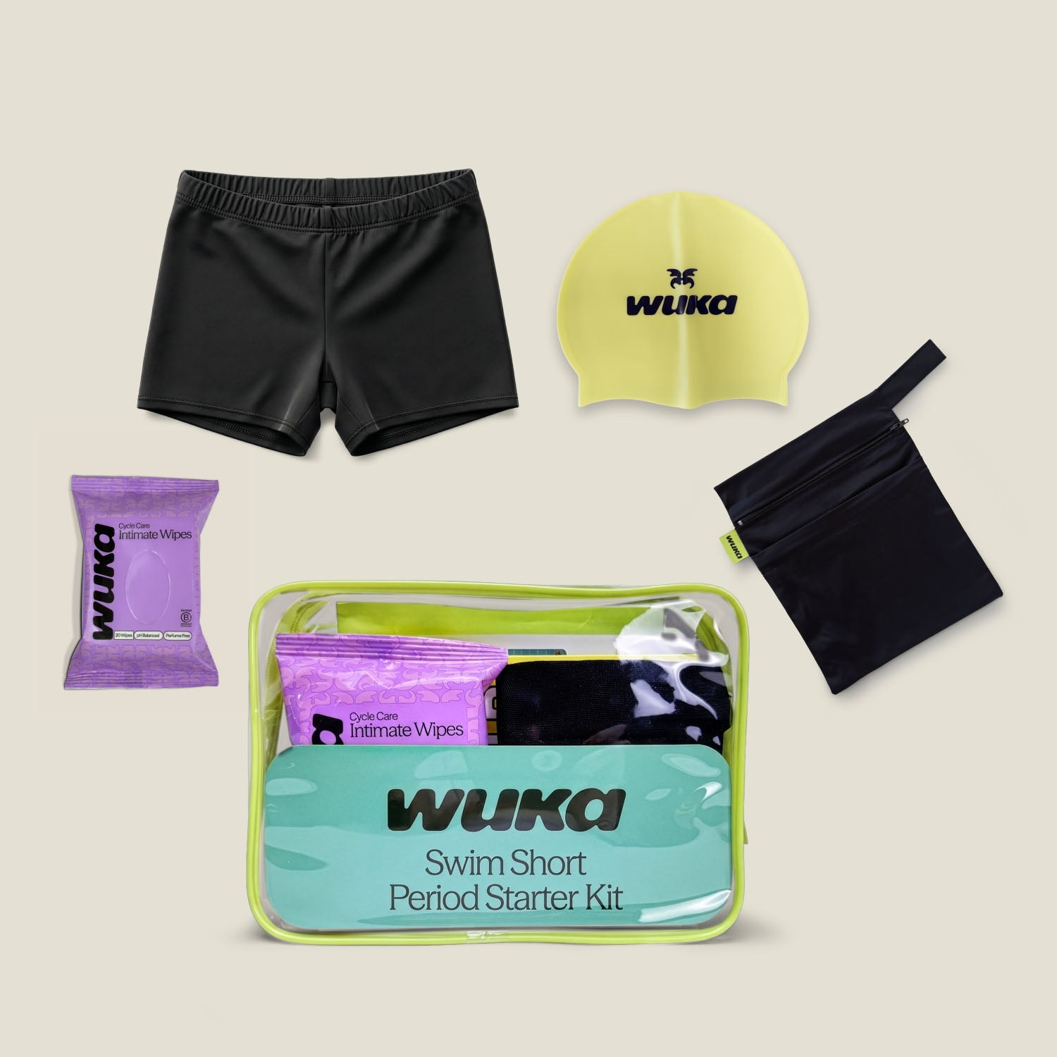 WUKA Teen Swim Short Period Starter Kit with swim shorts, swim cap, wet bag and wipes